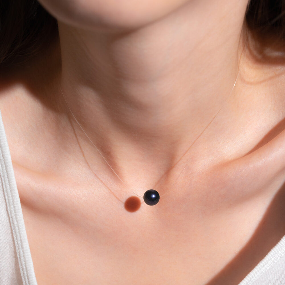 Black Pearl Necklace on Illusion Cord | 8 – 9 - 10 mm | Round Pearls | 1 pcs. - Image 2