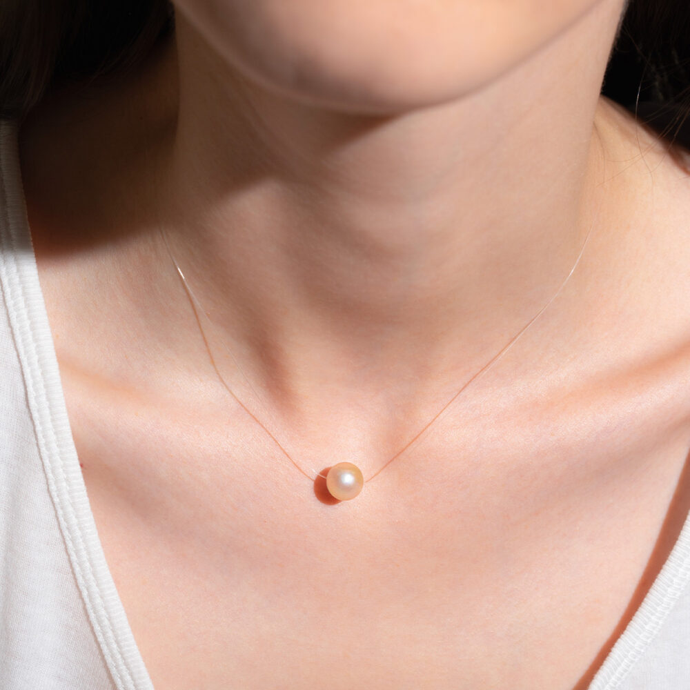Pink to Peach Pearl Necklace on Illusion Cord | 8 – 9 – 10 mm | Round Pearls | 1 pcs. - Image 1