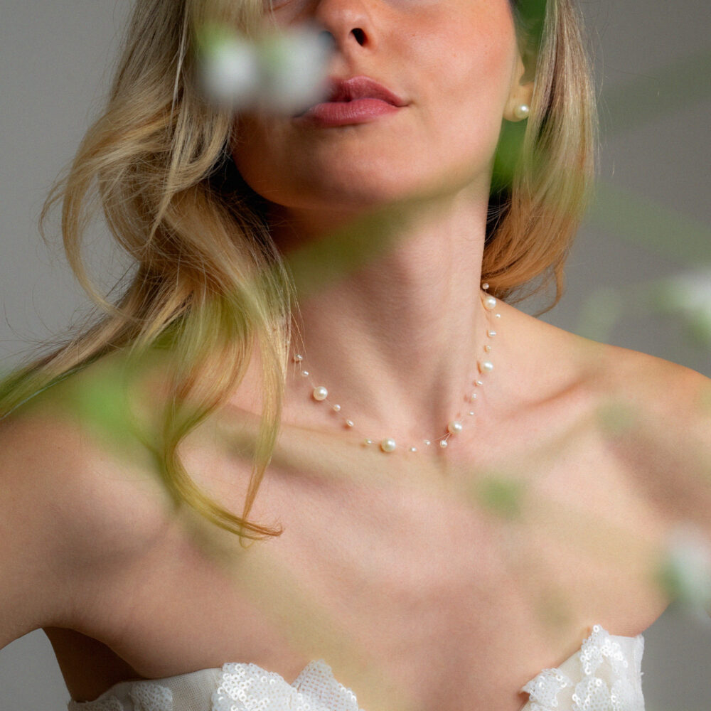 White Pearls Necklace on Illusion Cord | 7.5 – 8.5 and 3.5 – 4.5 mm | Round + Baroque Pearls | 5 pcs. - Image 1