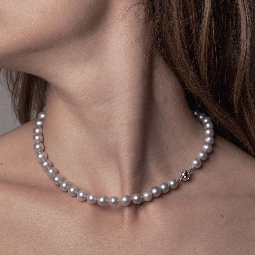 Classic Silver Grey Pearl Necklace | 8.5 – 9.5 mm | Round Pearls - Image 1