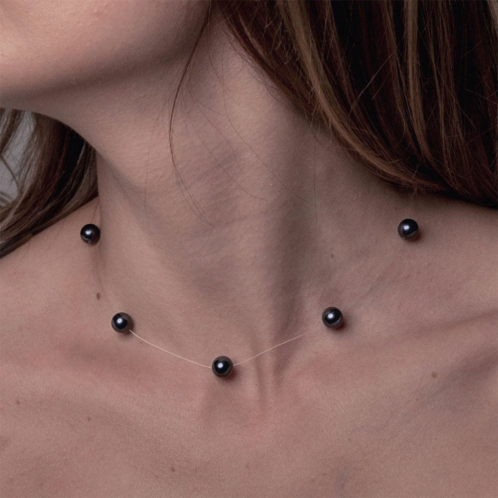 Black Pearl necklace on Illusion Cord | 7.5 – 8.5 mm | Round Pearls | 7 pcs. - Image 2