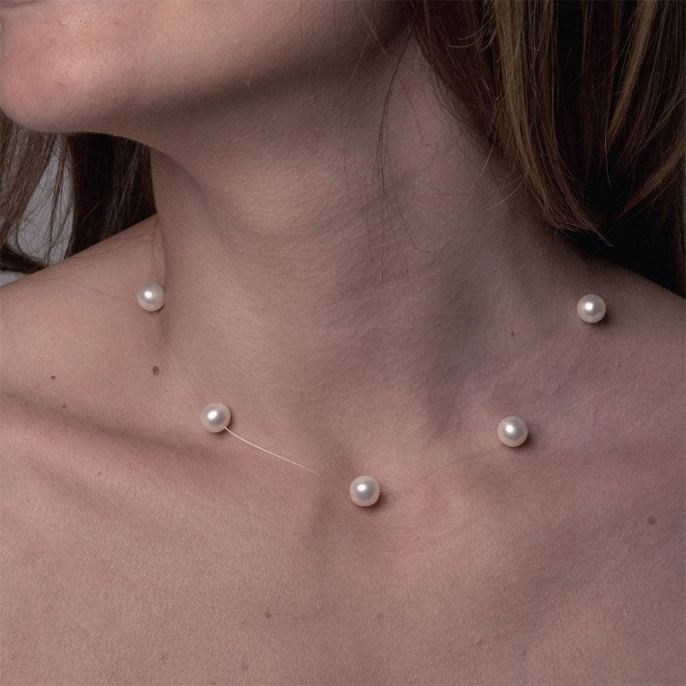 White Pearl Necklace on Illusion Cord | 7.5 – 8.5 mm | Round Pearls | 7 pcs. - Image 1