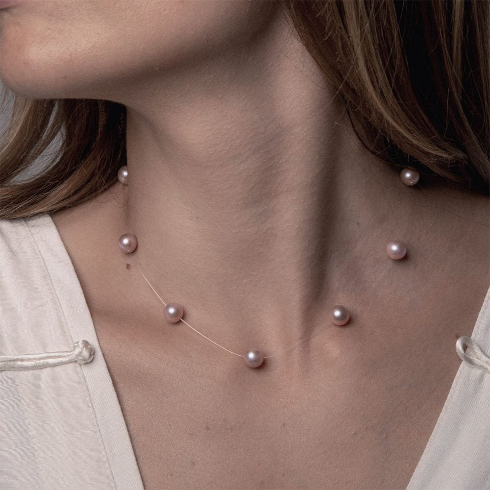 Lavender Pearl Necklace on Illusion Cord | 7.5 – 8.5 mm | Round Pearls | 9 pcs. - Image 2