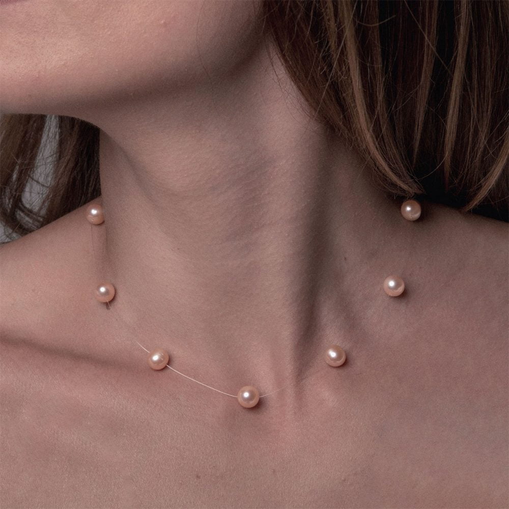 Pink to Peach Pearl Necklace on Illusion Cord | 7.5 – 8.5 mm | Round Pearls | 9 pcs. - Image 2