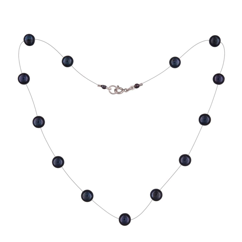 Black Pearl Necklace on Illusion Cord | 6.5 – 7.5 mm | Round Pearls | 13 pcs. - Image 1