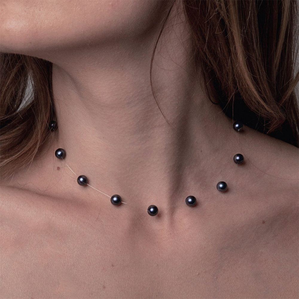 VND5.RB6_7_8_MODEL Black Pearl Necklace on Illusion Cord | 6.5 – 7.5 mm | Round Pearls | 13 pcs. - Image 2
