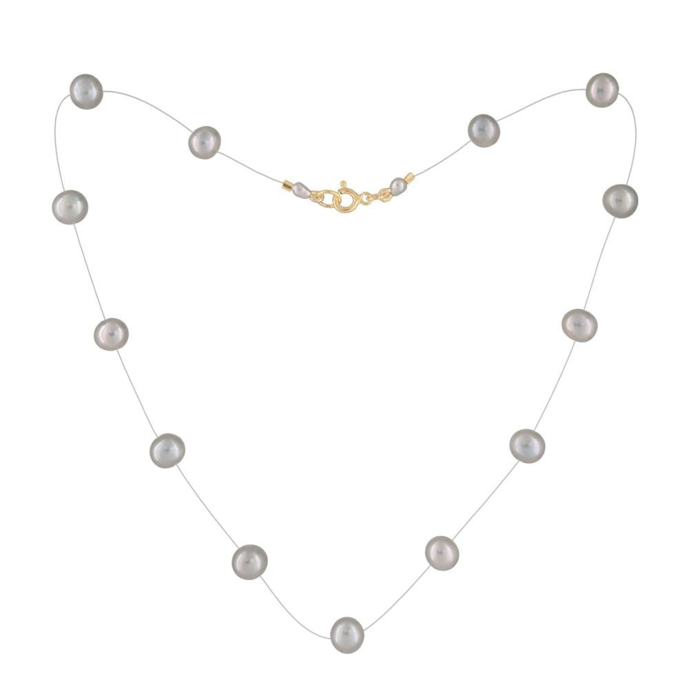 Silver Grey Pearl Necklace on Illusion Cord | 6.5 – 7.5 mm | Round Pearls | 13 pcs. - Image 1