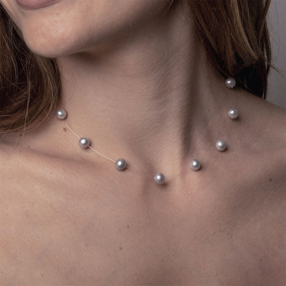 Silver Grey Pearl Necklace on Illusion Cord | 6.5 – 7.5 mm | Round Pearls | 13 pcs. - Image 2