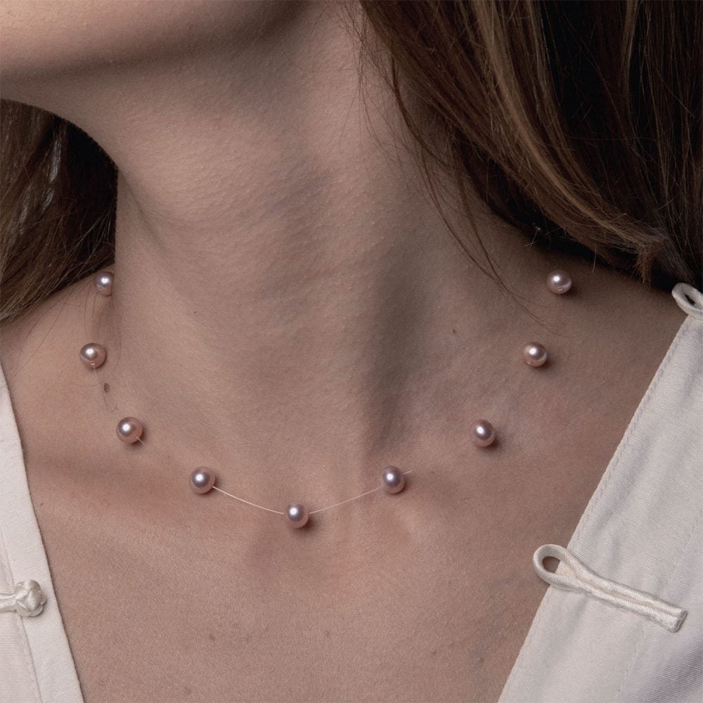 Lavender Pearl Necklace on Illusion Cord | 6.5 – 7.5 mm | Round Pearls | 13 pcs. - Image 2