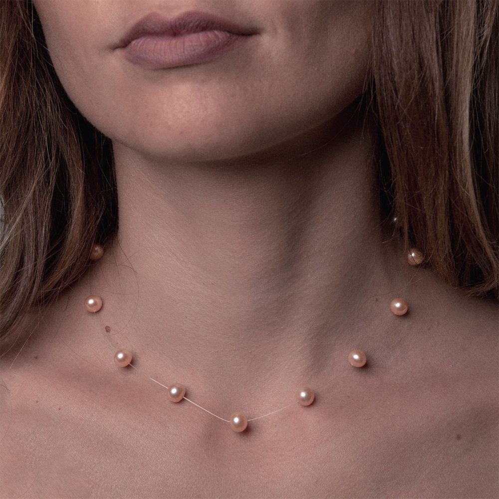 Pink to Peach Pearl Necklace on Illusion Cord | 6.5 – 7.5 mm | Round Pearls | 13 pcs. - Image 1