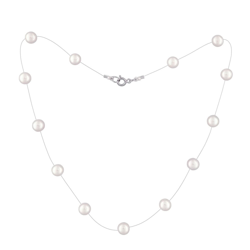 White Pearl Necklace on Illusion Cord | 6.5 – 7.5 mm | Round Pearls | 13 pcs. - Image 1