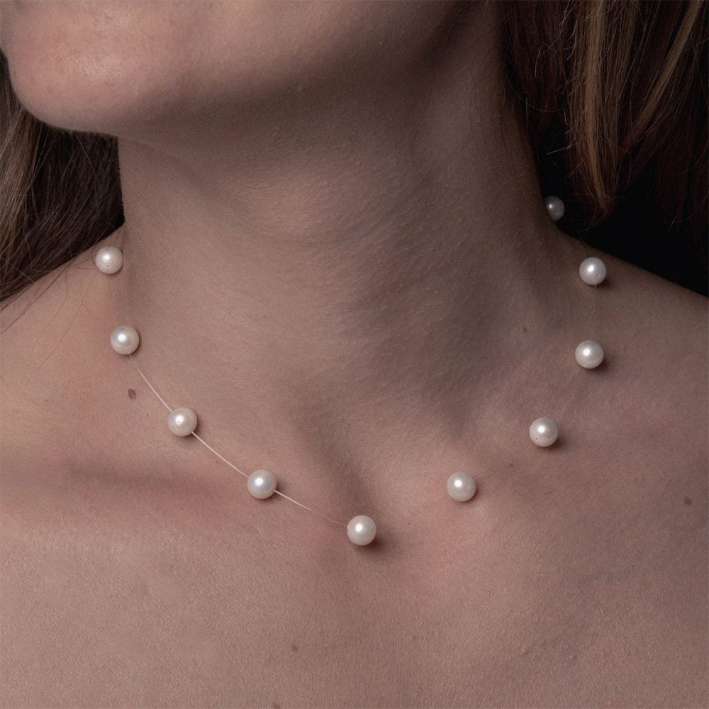 White Pearl Necklace on Illusion Cord | 6.5 – 7.5 mm | Round Pearls | 13 pcs. - Image 3