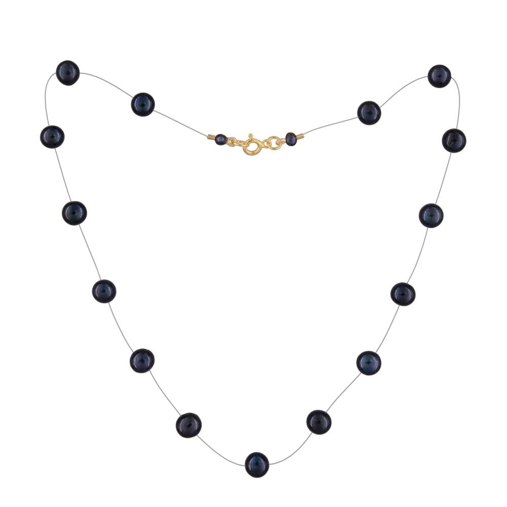 Black Pearl Necklace on Illusion Cord | 6.5 – 7.5 mm | Round Pearls | 15 pcs. - Image 1