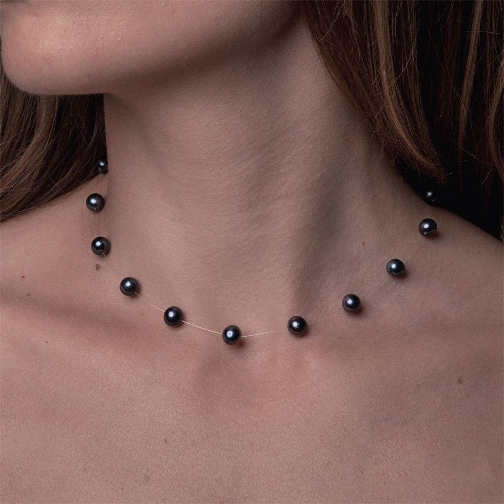 Black Pearl Necklace on Illusion Cord | 6.5 – 7.5 mm | Round Pearls | 15 pcs. - Image 2