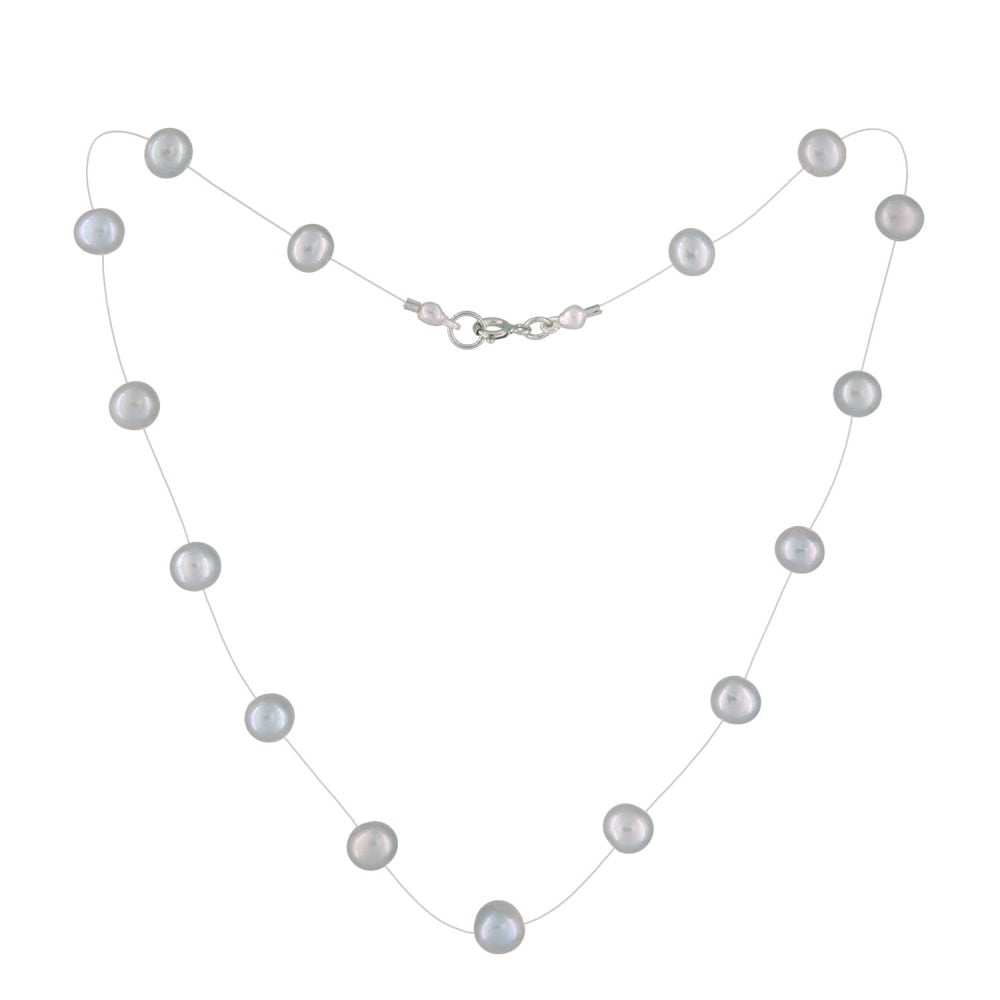 Silver Grey Pearl Necklace on Illusion Cord | 6.5 – 7.5 mm | Round Pearls | 15 pcs. - Image 2