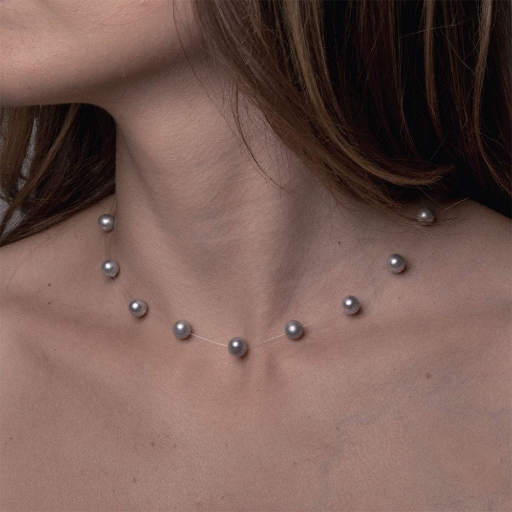 Silver Grey Pearl Necklace on Illusion Cord | 6.5 – 7.5 mm | Round Pearls | 15 pcs. - Image 1