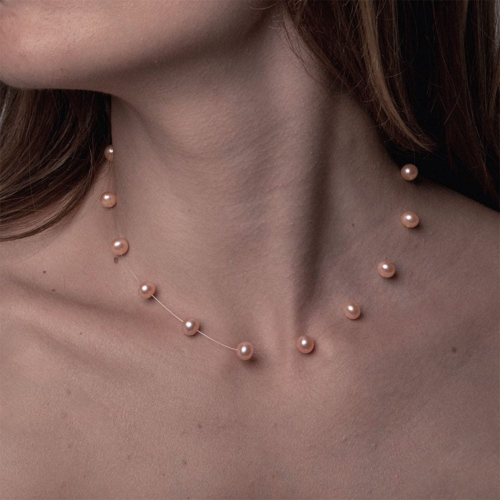 Pink to Peach Pearl Necklace on Illusion Cord | 6.5 – 7.5 mm | Round Pearls | 15 pcs. - Image 2