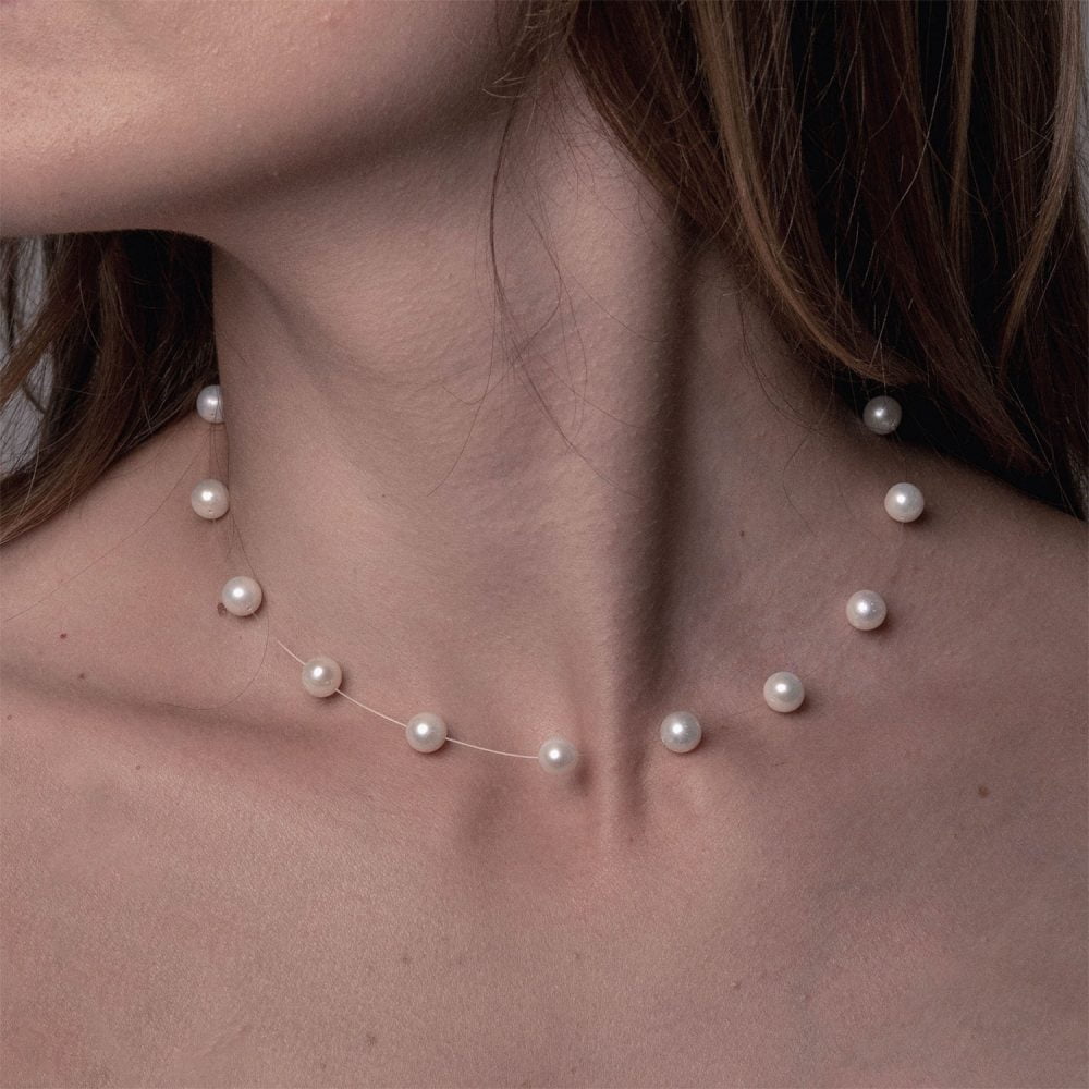 White Pearl Necklace on Illusion Cord | 6.5 – 7.5 mm | Round Pearls | 15 pcs. - Image 1