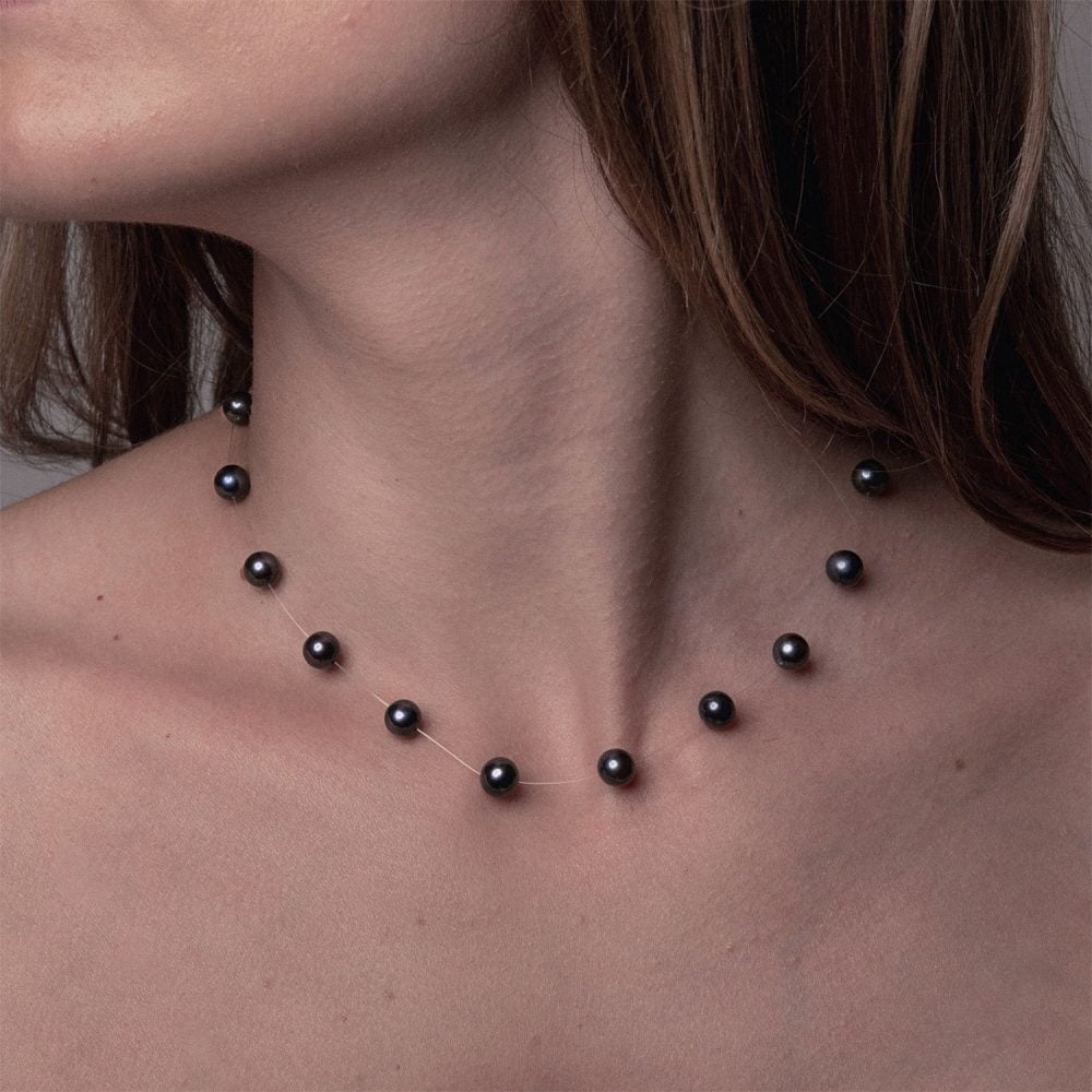 Black Pearl Necklace on Illusion Cord | 6.5 – 7.5 mm | Round Pearls | 17 pcs. - Image 1