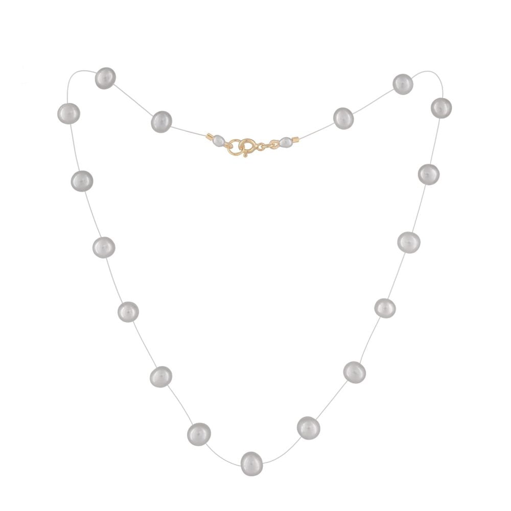 Silver Grey Pearl Necklace on Illusion Cord | 6.5 – 7.5 mm | Round Pearls | 17 pcs. - Image 1