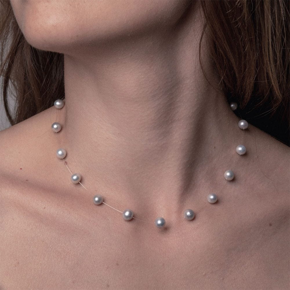 Silver Grey Pearl Necklace on Illusion Cord | 6.5 – 7.5 mm | Round Pearls | 17 pcs. - Image 2