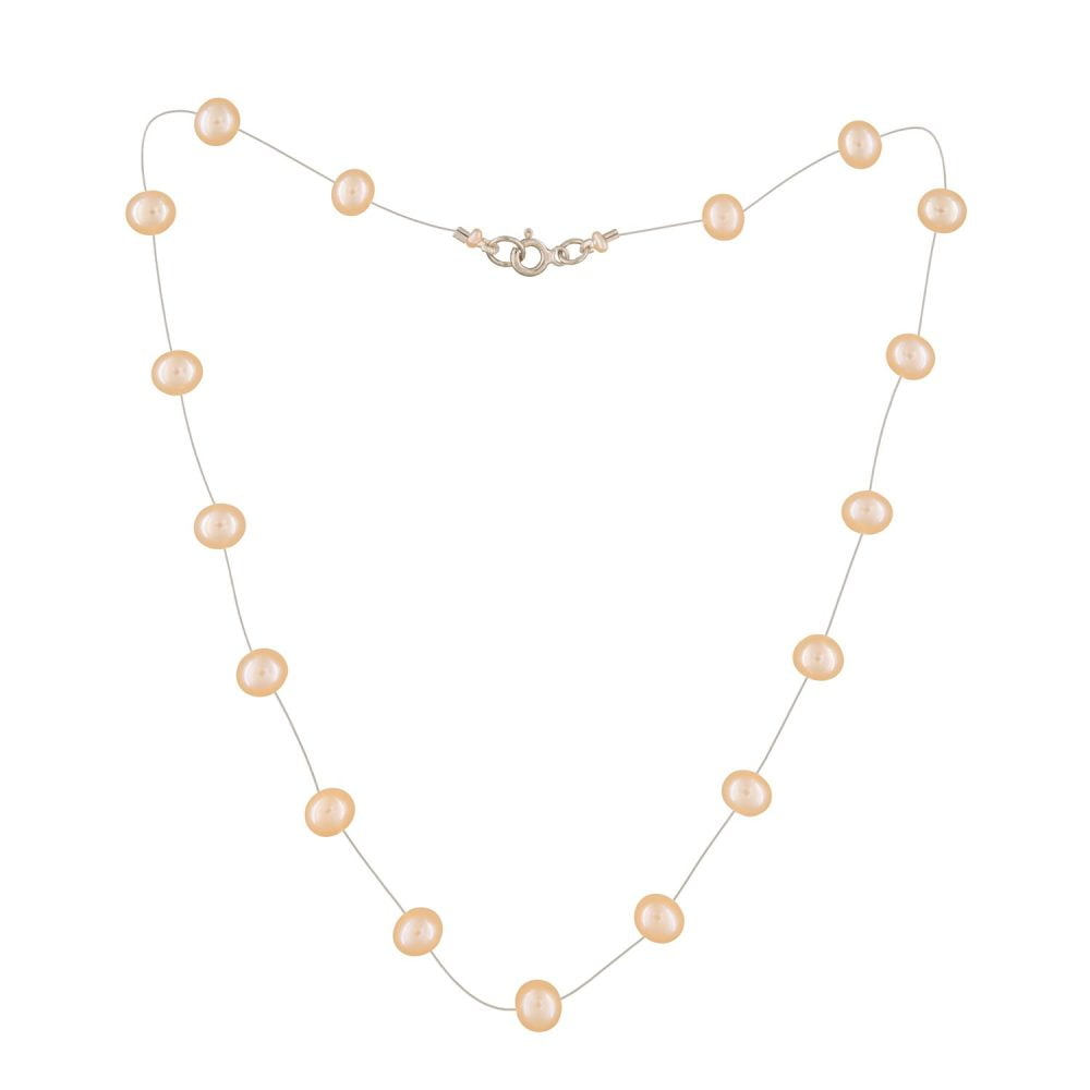 Pink to Peach Pearl Necklace on Illusion Cord | 6.5 – 7.5 mm | Round Pearls | 17 pcs. - Image 2