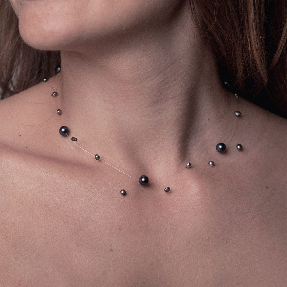 Black Pearl Necklace on Illusion Cord | 7.5 – 8.5 and 3.5 – 4.5 mm | Round + Baroque Pearls | 5 pcs. - Image 2