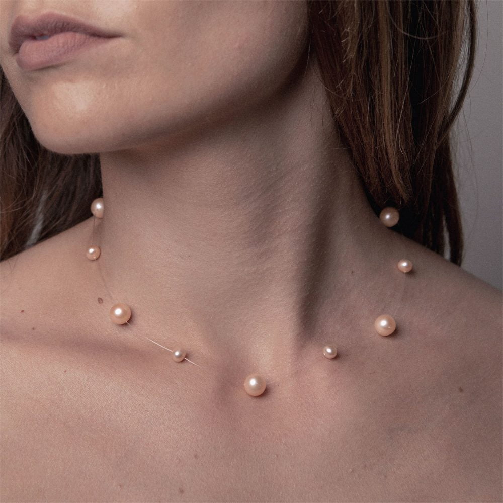 Pink to Peach Pearl Necklace on Illusion Cord | 7.5 – 8.5 and 4.5 – 5.5 mm | Round Pearls | 11 pcs. - Image 1