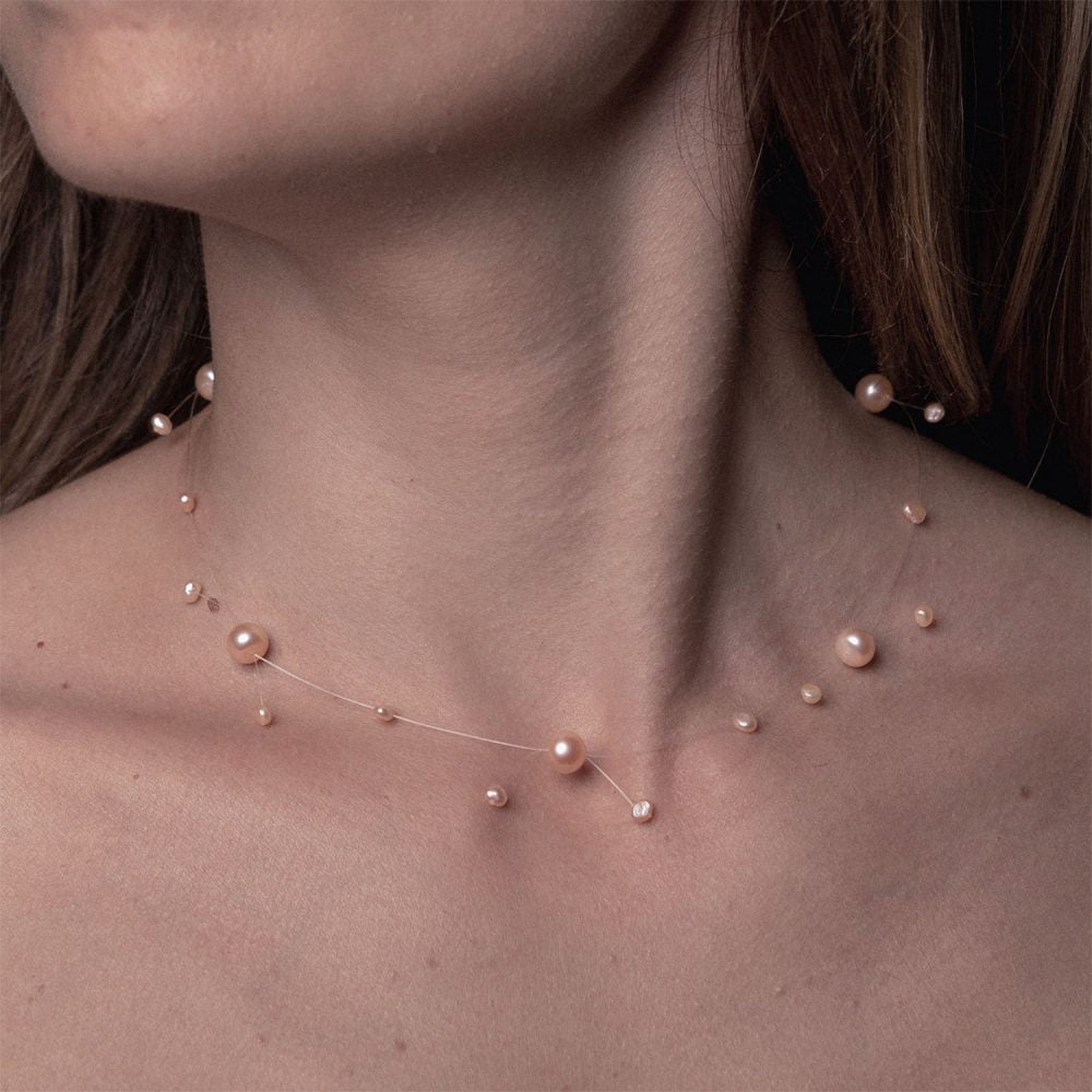 Pink to Peach Pearl Necklace on Illusion Cord | 7.5 – 8.5 and 3.5 – 4.5 mm | Round + Baroque Pearls | 5 pcs. - Image 1