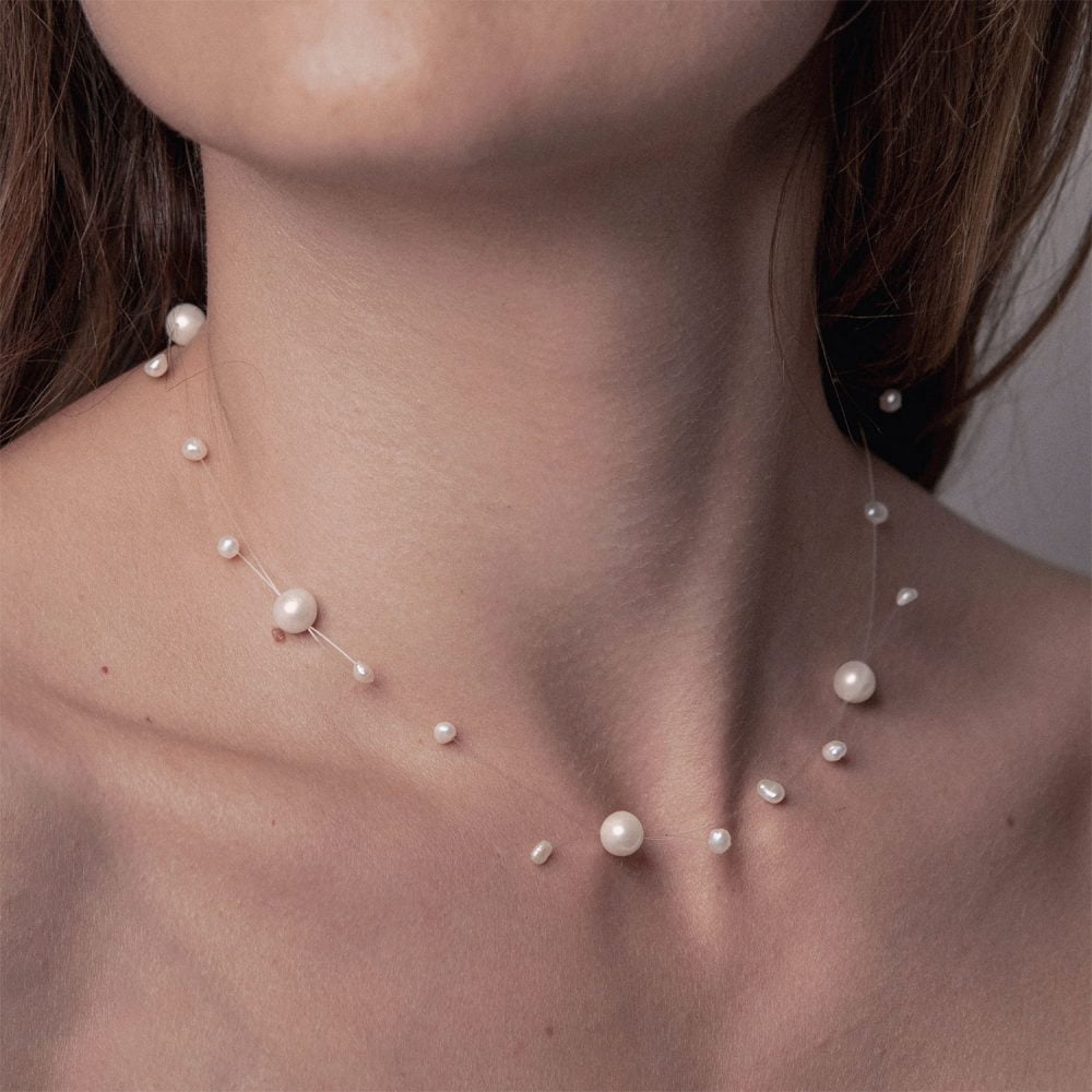 White Pearls Necklace on Illusion Cord | 7.5 – 8.5 and 3.5 – 4.5 mm | Round + Baroque Pearls | 5 pcs. - Image 2