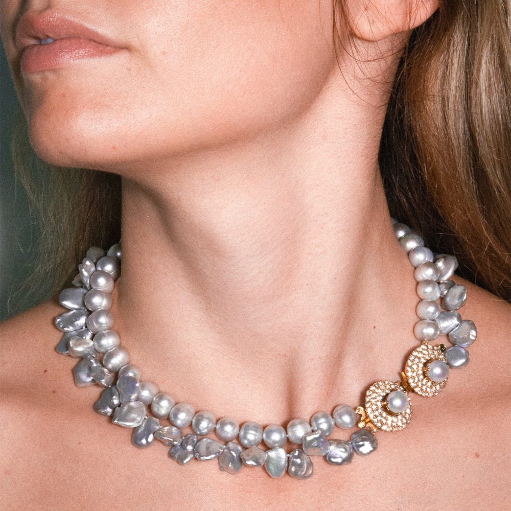 2 Rows Silver Grey Pearl Necklace 'Double Silver' | Round + Baroque - Image 1