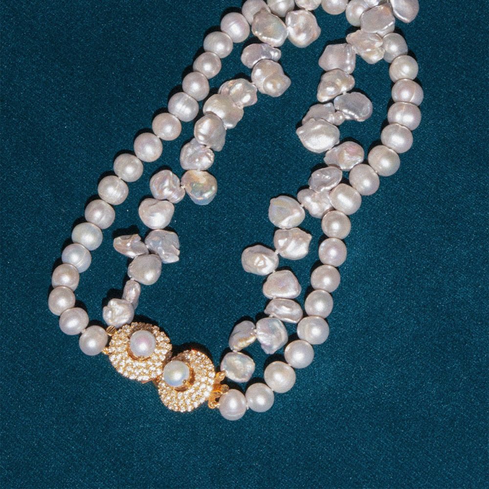 2 Rows Silver Grey Pearl Necklace 'Double Silver' | Round + Baroque - Image 2