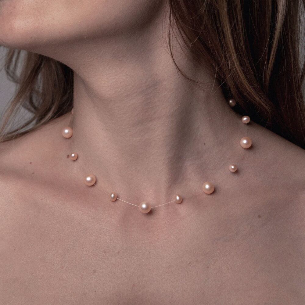 Pink to peach Pearl Necklace on Illusion Cord | 7.5 – 8.5 and 4.5 – 5.5 mm | Round Pearls | 19 pcs. - Image 2