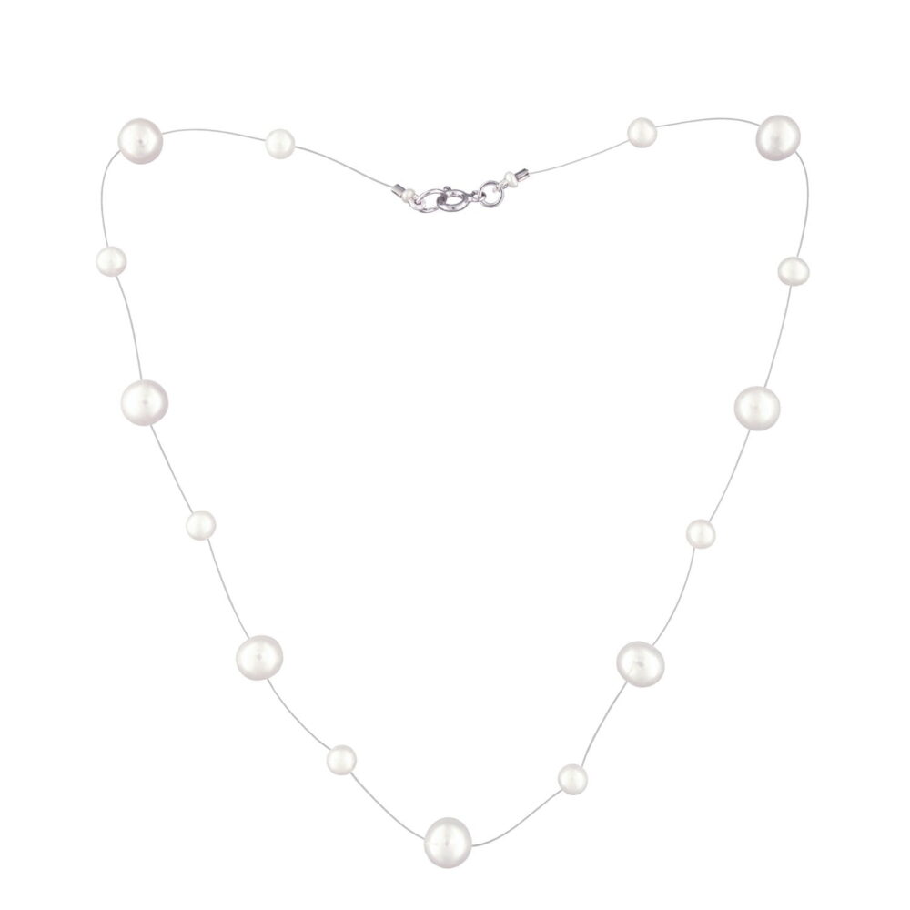 White Pearl Necklace on Illusion Cord | 7.5 – 8.5 and 4.5 – 5.5 mm | Round Pearls | 15 pcs. - Image 1