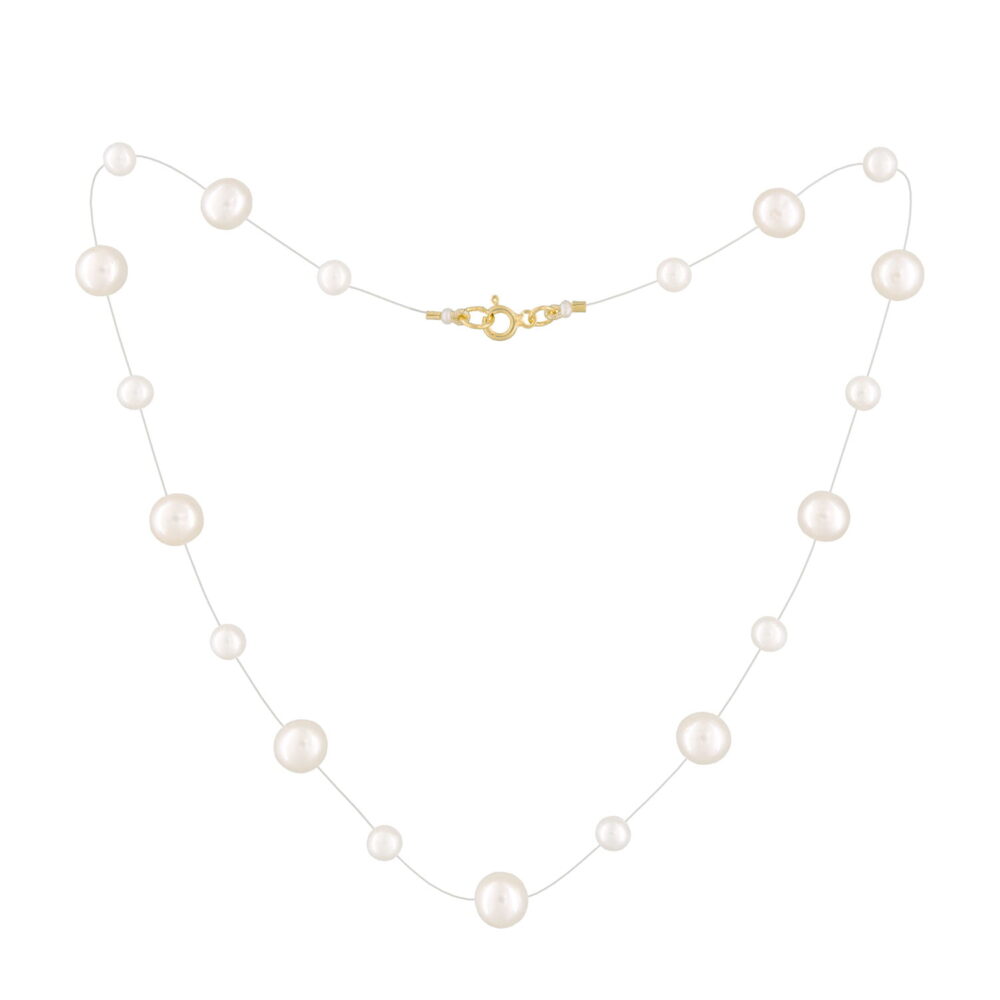 White Pearl Necklace on Illusion Cord | 7.5 – 8.5 and 4.5 – 5.5 mm | Round Pearls | 19 pcs. - Image 1
