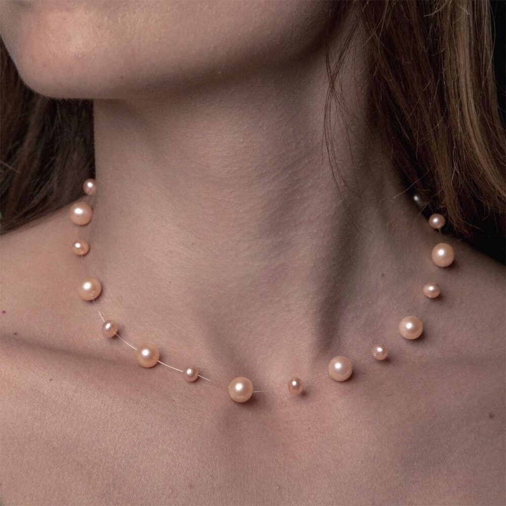 Pink to Peach Pearl Necklace on Illusion Cord | 7.5 – 8.5 and 4.5 – 5.5 mm | Round Pearls | 21 pcs. - Image 2