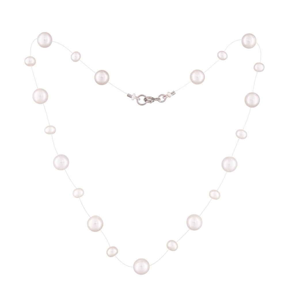 White Pearl Necklace on Illusion Cord | 7.5 – 8.5 and 4.5 – 5.5 mm | Round Pearls | 21 pcs. - Image 2