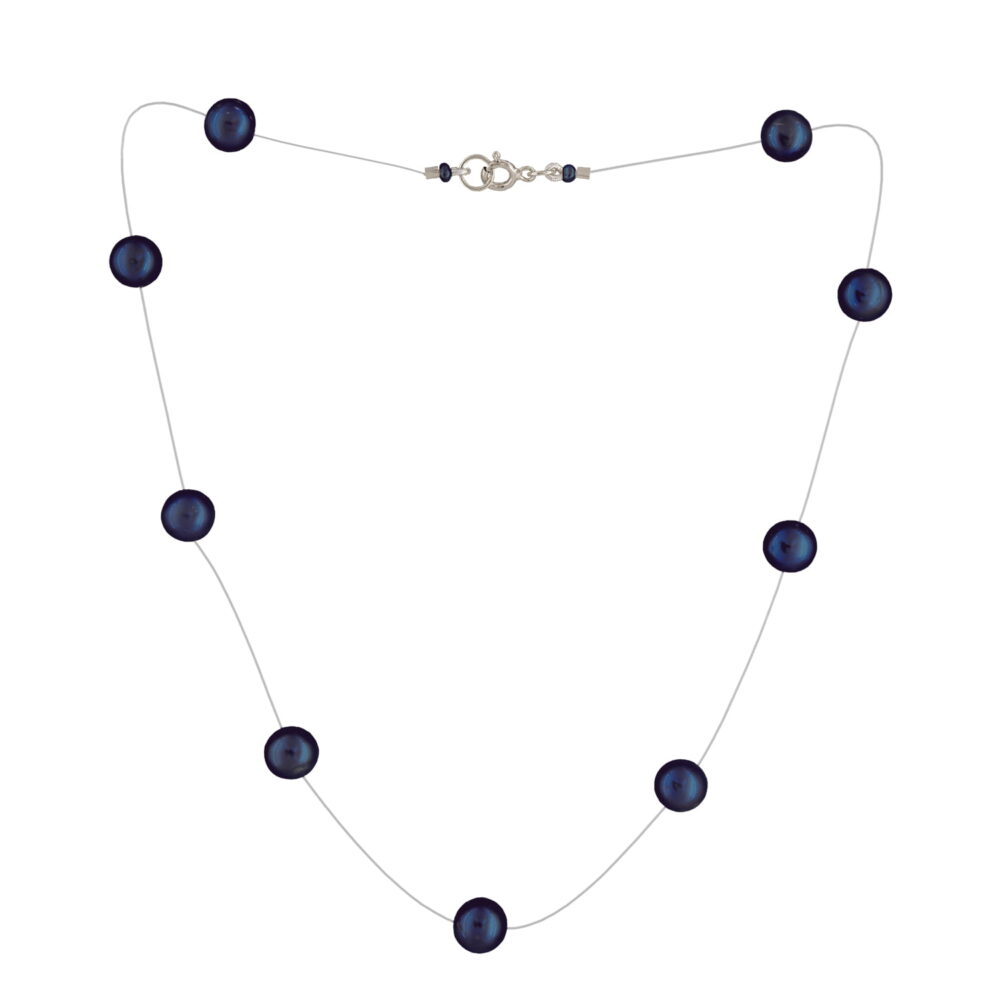 Black Pearl Necklace on Illusion Cord | 7.5 – 8.5 mm | Round Pearls | 9 pcs. - Image 1
