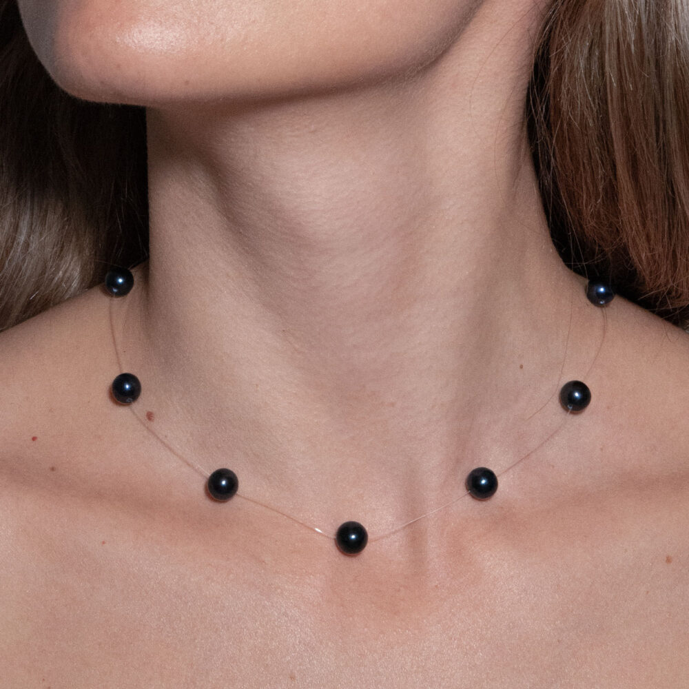 Black Pearl Necklace on Illusion Cord | 7.5 – 8.5 mm | Round Pearls | 9 pcs. - Image 2