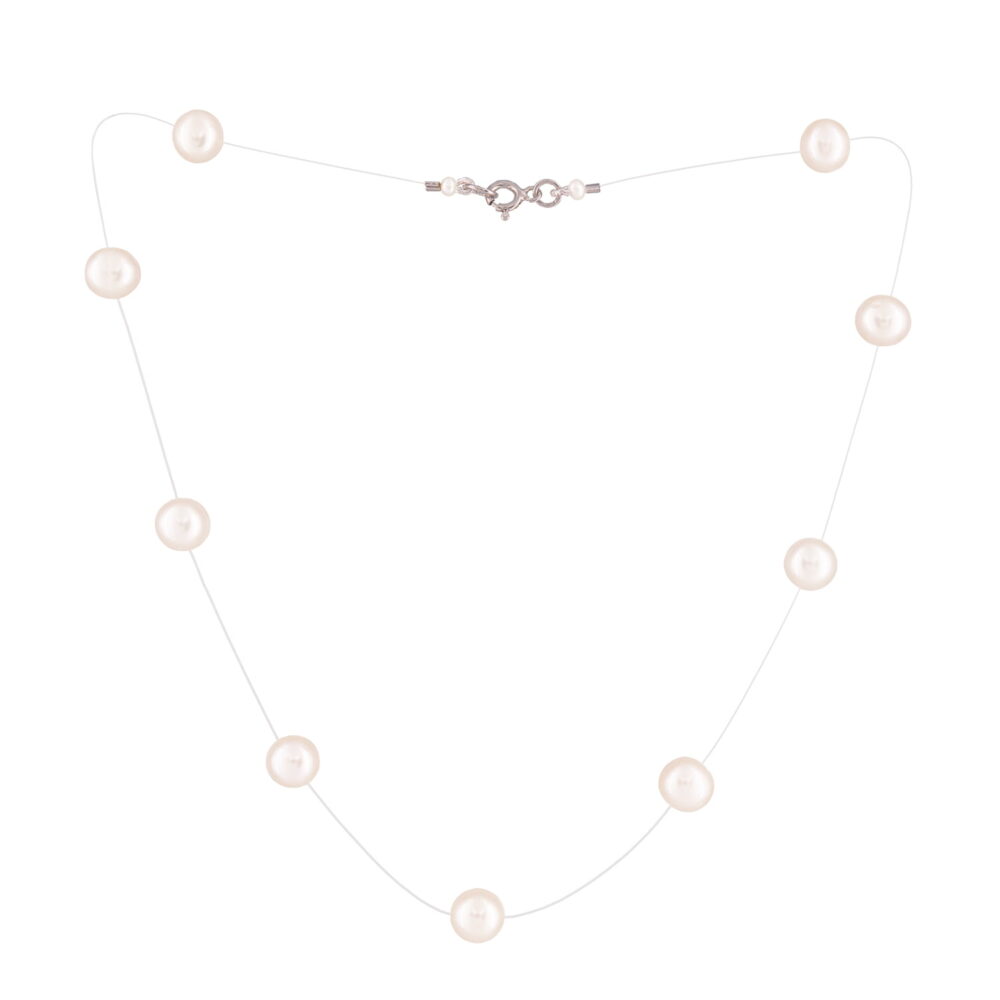 White Pearl Necklace on Illusion Cord | 7.5 – 8.5 mm | Round Pearls | 9 pcs. - Image 2