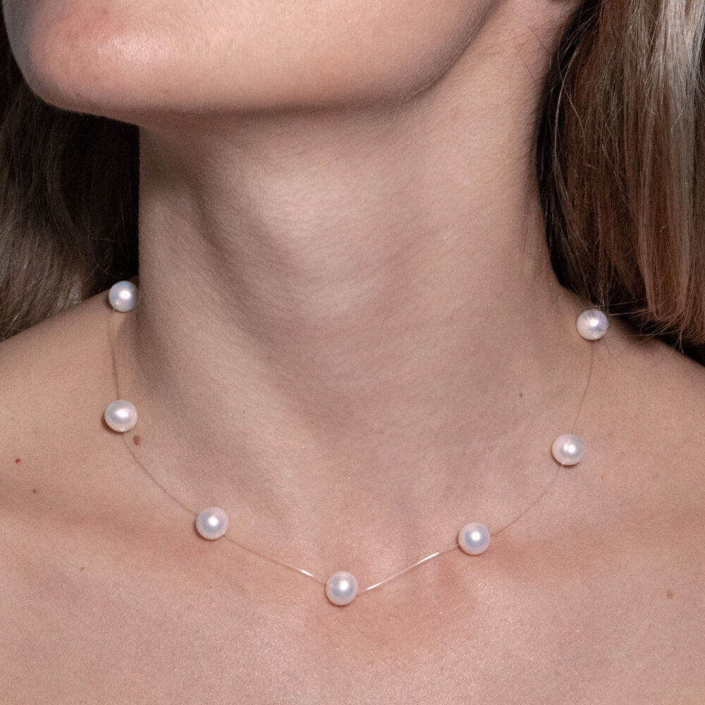 White Pearl Necklace on Illusion Cord | 7.5 – 8.5 mm | Round Pearls | 9 pcs. - Image 1