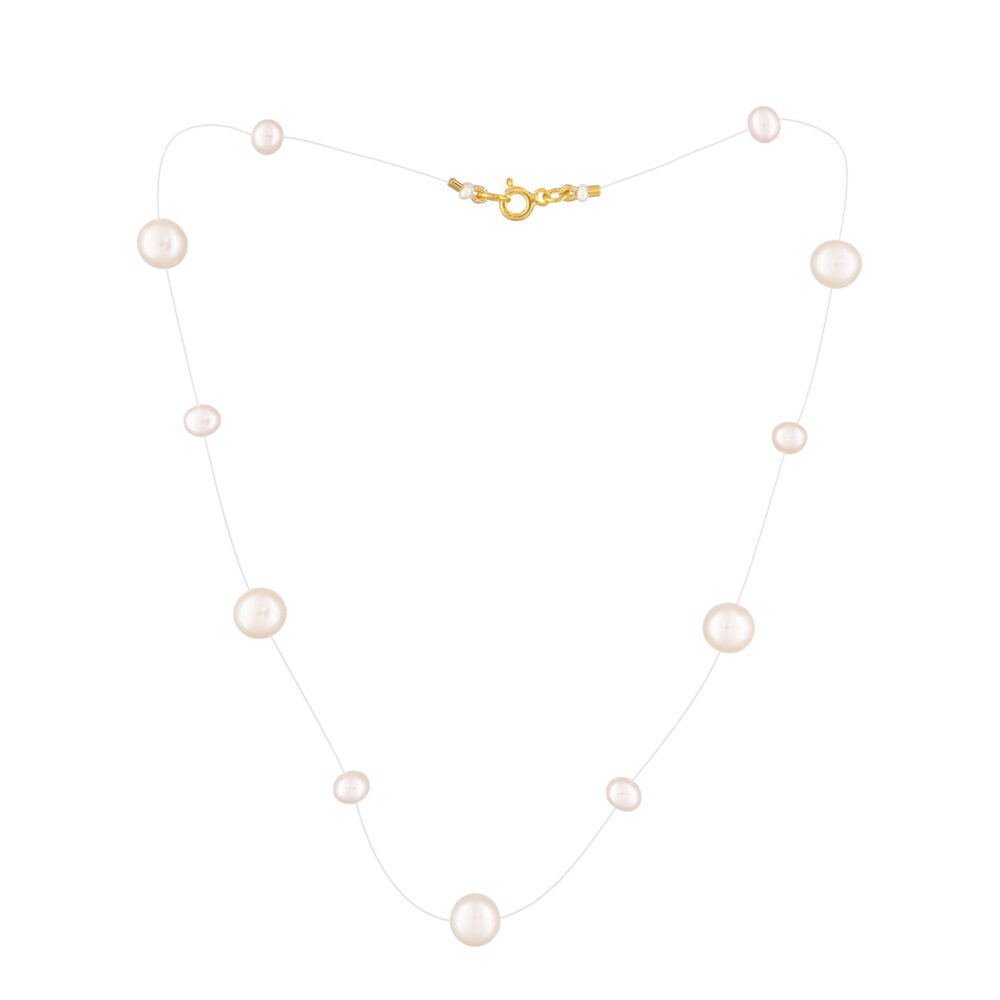 White Pearl Necklace on Illusion Cord | 7.5 – 8.5 and 4.5 – 5.5 mm | Round Pearls | 11 pcs. - Image 2