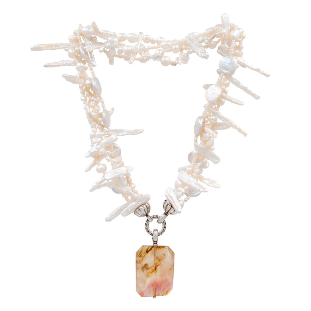 White Twisted Pearl Necklace | Irregular Pearls | 'Watermelon Agate' Pendant - Image 4