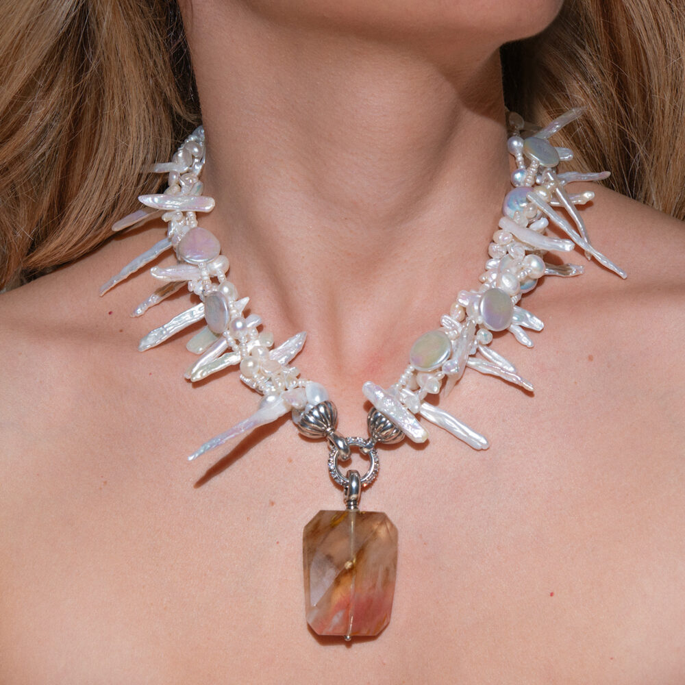 White Twisted Pearl Necklace | Irregular Pearls | 'Watermelon Agate' Pendant - Image 1