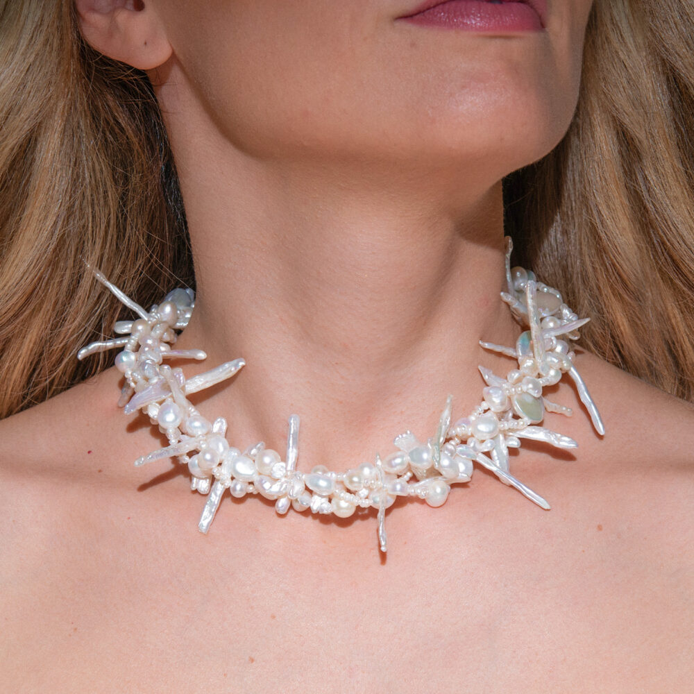 White Twisted Pearl Necklace | Irregular Pearls | 'Watermelon Agate' Pendant - Image 2