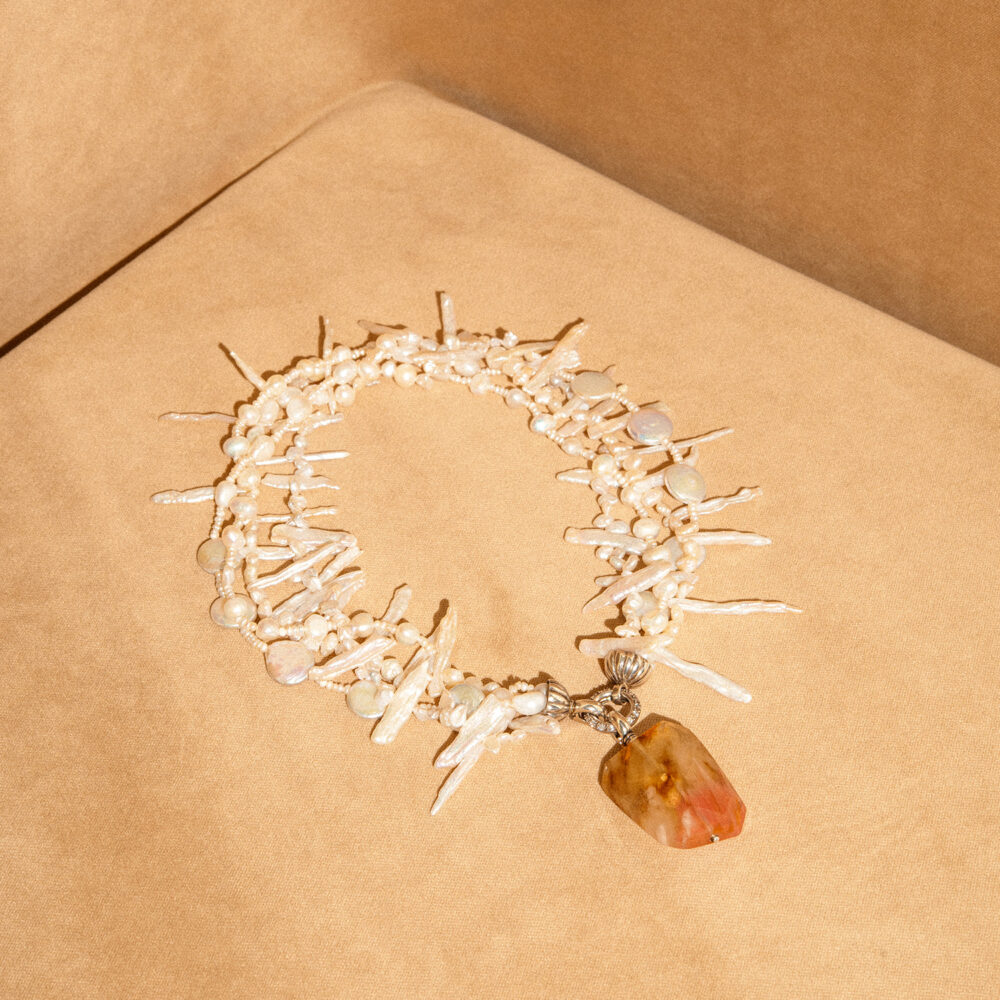 White Twisted Pearl Necklace | Irregular Pearls | 'Watermelon Agate' Pendant - Image 3