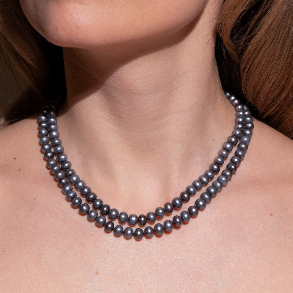 Set 2 Row Pearl Necklace + Bracelet 'Graphite' | 6.5 - 7.5 mm | Round Pearls - Image 4
