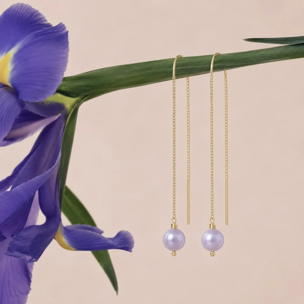 Natural Pearl Earrings "Mom" on a Chain | 9.0 – 9.5 mm | Round Pearls - Image 2