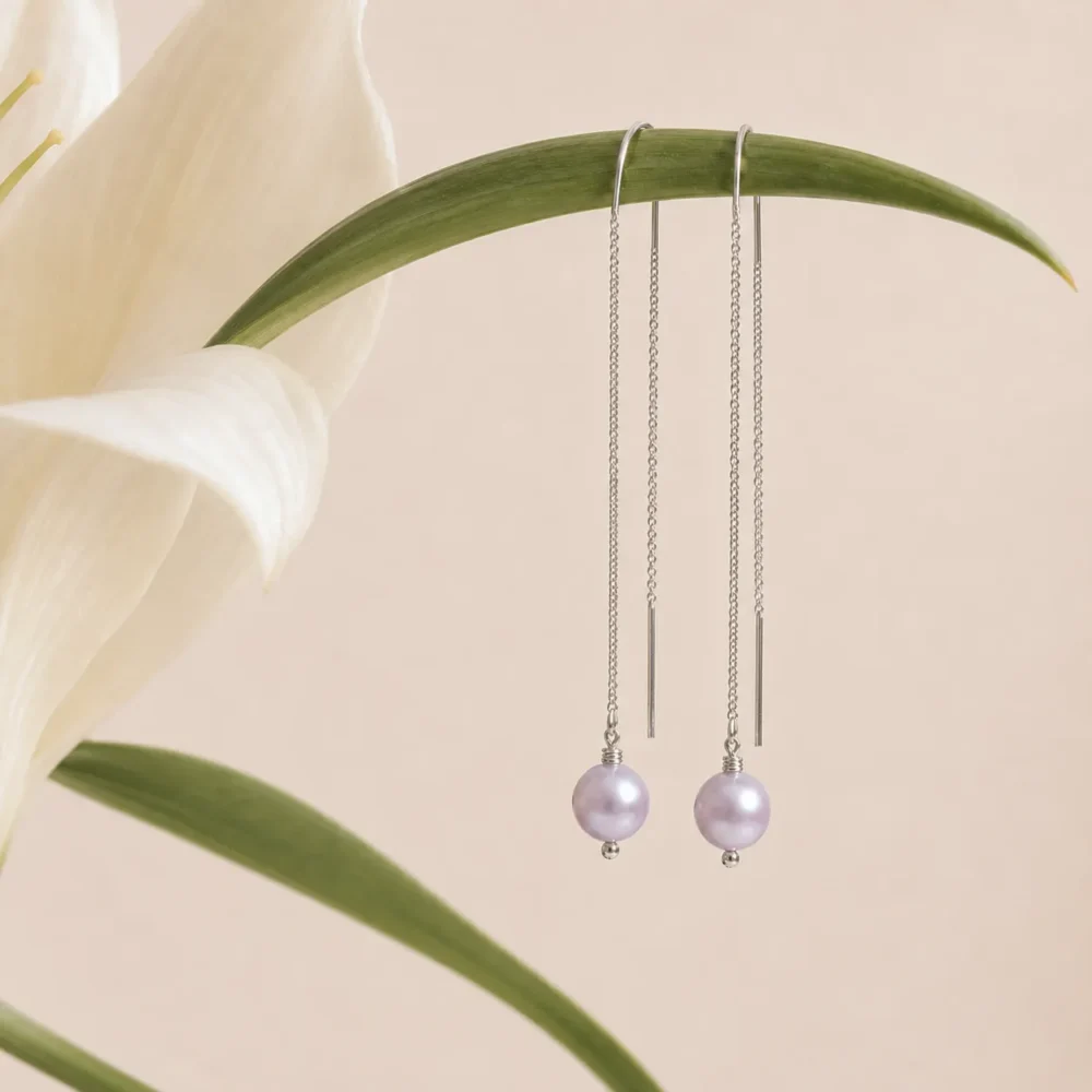 Natural Pearl Earrings "Mom" on a Chain | 9.0 – 9.5 mm | Round Pearls - Image 3