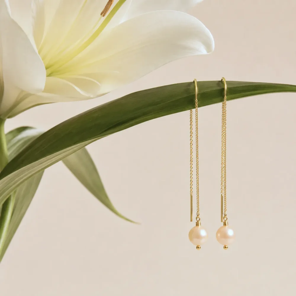 Natural Pearl Earrings "Mom" on a Chain | 9.0 – 9.5 mm | Round Pearls - Image 4